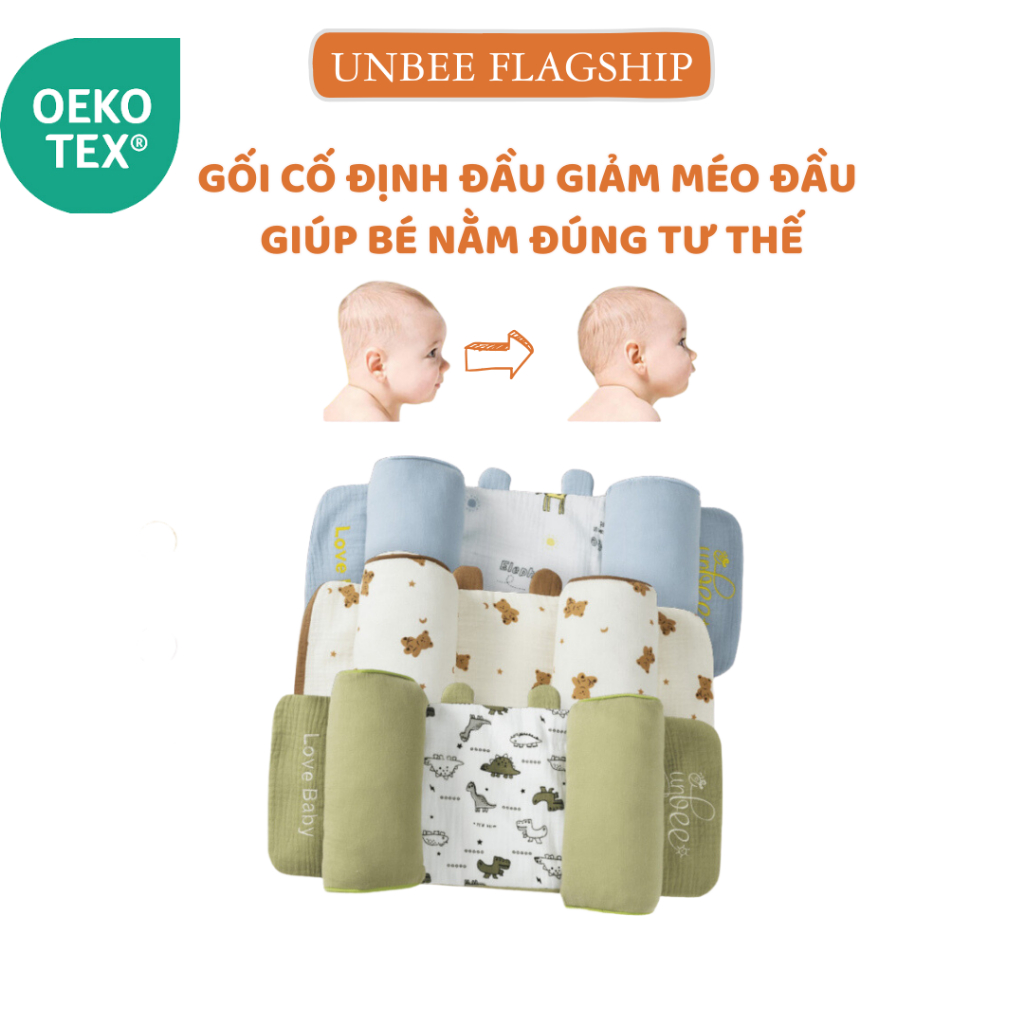 Gối Chặn Định Hình Đầu Dáng Tai Gấu Cao Cấp Unbee Chất Xô Muslin Hàn Quốc Cho Bé Sơ Sinh, Chống Méo Đầu, Bẹp Đầu - PN00