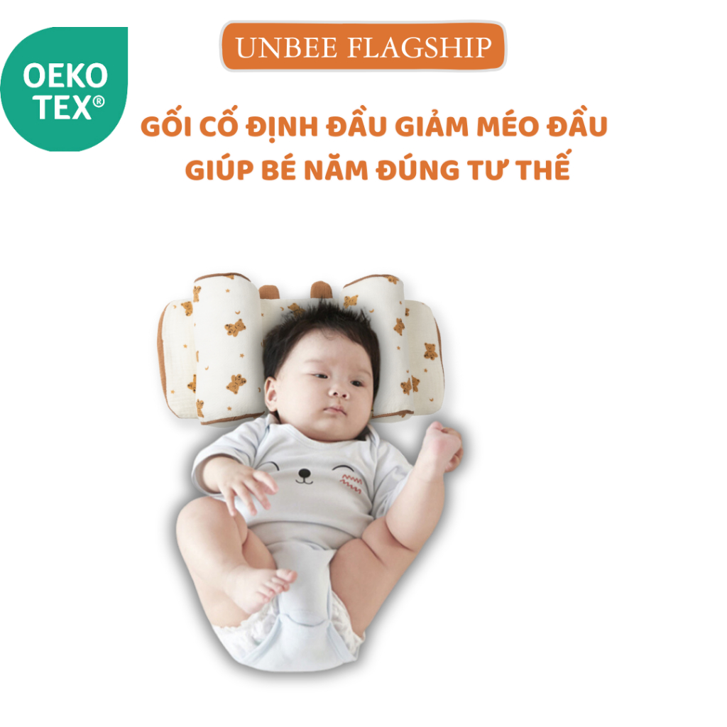 Gối Định Hình Đầu Mèo Vàng Thông Minh Unbee Chất Xô Muslin Hàn Quốc Dáng Tai Gấu, Chống Méo Đầu - Bẹt Gáy Cho Bé GC002