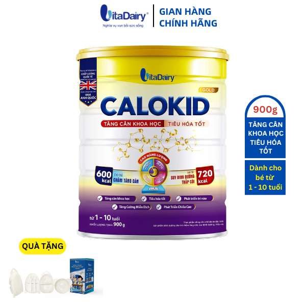 [TẶNG BỘ ĂN DẶM PHI THUYỀN] Calokid Gold 900g hỗ trợ bé tăng cân, giúp tiêu hóa tốt, chống táo bón cho bé - VitaDairy