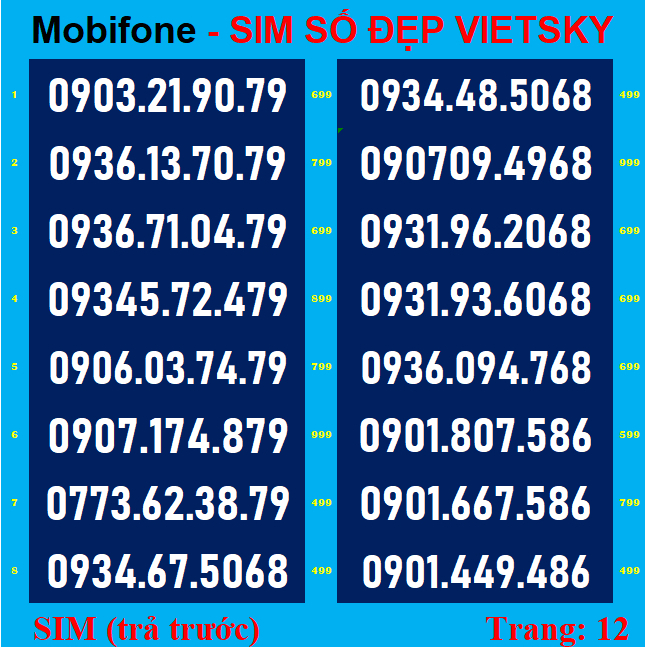 SIM SỐ ĐẸP Mobi09, T12, Đuôi 68,79 Giá từ 199 -Dể nhớ- Phong Thuỷ - Cặp gánh*** SIM được nhiều người yêu thích