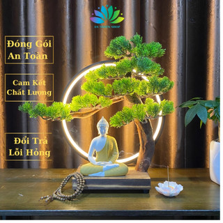 Tượng phật thích ca chất liệu gốm tử sa cao cấp kèm kệ led cây xanh, tượng phong thủy an nhiên