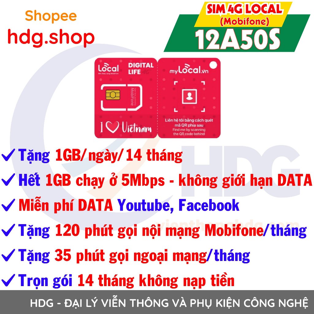 Sim 4G LOCAL A500 tặng 3Gb/ ngày, miễn phí 12 tháng, LOCAL 12A50S tặng 1gb/ngày, miễn phí 14 tháng - Hdg.shop