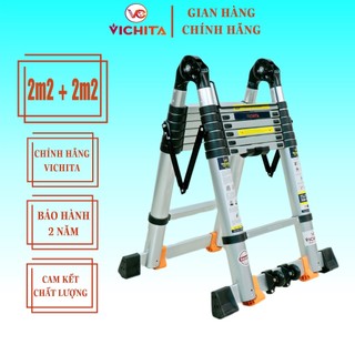 Thang Nhôm Rút Đôi Chữ A (2.2M+2.2M) VICHITA  - Có Bánh Xe - Có Thanh Giằng Chống Rung Lắc