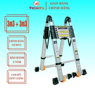 Thang Nhôm Rút Chữ A 3.3+3.3M VICHITA - Có Bánh Xe - Thanh Giằng Chống Rung Lắc - Loại Tốt BH 2 Năm