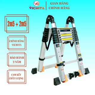 Thang Nhôm Rút Đôi Chữ A (2.5M+2.5M) VICHITA - Có Bánh Xe - Thanh Giằng Chống Rung Lắc