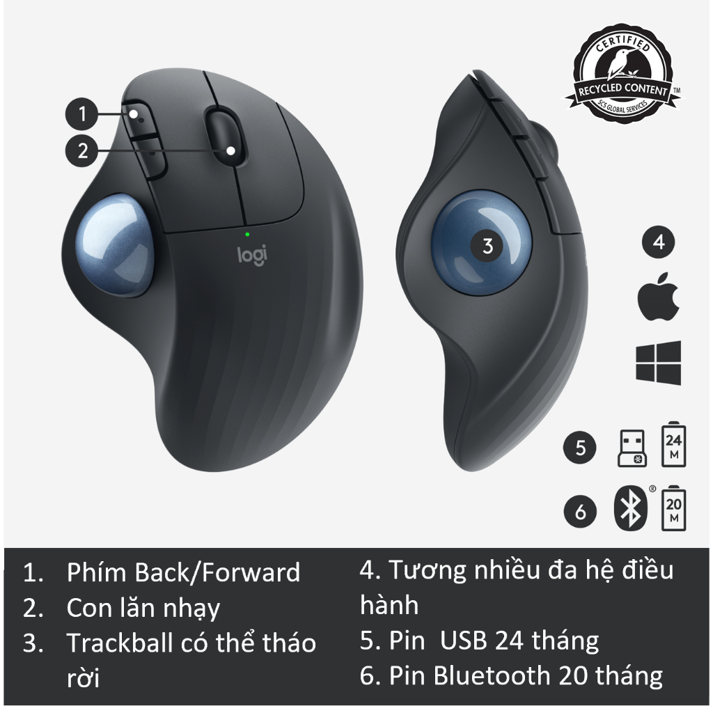 Chuột không dây Công Thái Học Logitech Ergo M575 -  Bluetooth, USB USB 2.4Ghz, Trackball ngón cái