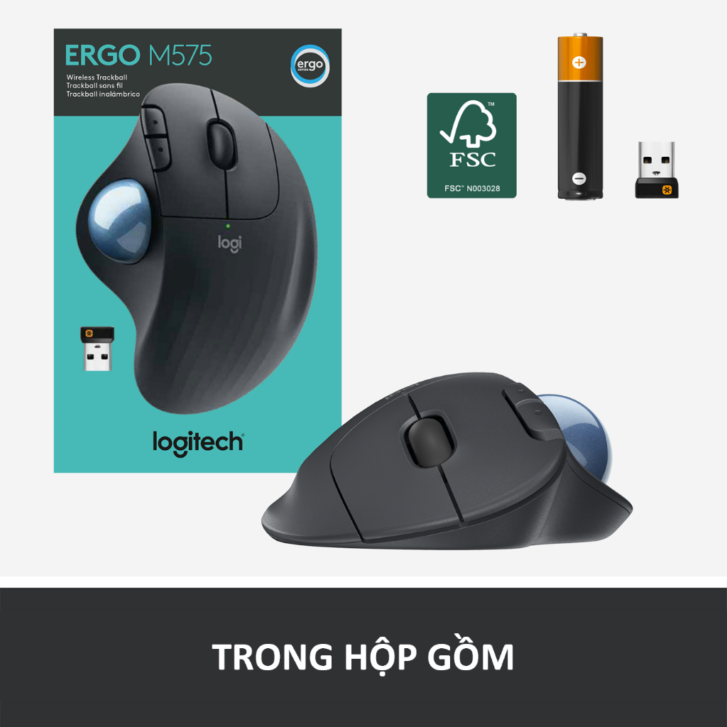 Chuột không dây Công Thái Học Logitech Ergo M575 -  Bluetooth, USB USB 2.4Ghz, Trackball ngón cái