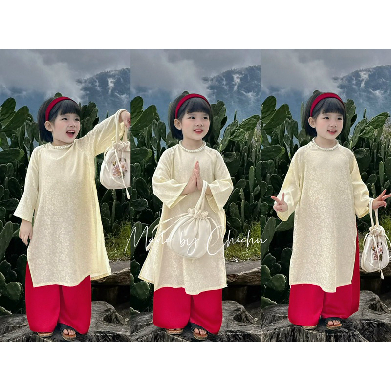 Áo Dài Tết Bé Gái CHICHU Mợ Hai Cách Tân Lụa Gấm Hoa trắng đỏ mùa lễ Tặng Bờm Nhung và Dây Ngọc Trai xịn xò