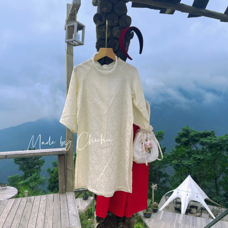 Áo Dài Tết Bé Gái CHICHU Mợ Hai Cách Tân Lụa Gấm Hoa trắng đỏ mùa lễ Tặng Bờm Nhung và Dây Ngọc Trai xịn xò