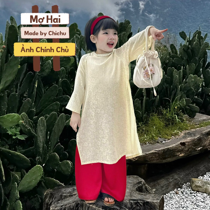 Áo Dài Tết Bé Gái CHICHU Mợ Hai Cách Tân Lụa Gấm Hoa trắng đỏ mùa lễ Tặng Bờm Nhung và Dây Ngọc Trai xịn xò