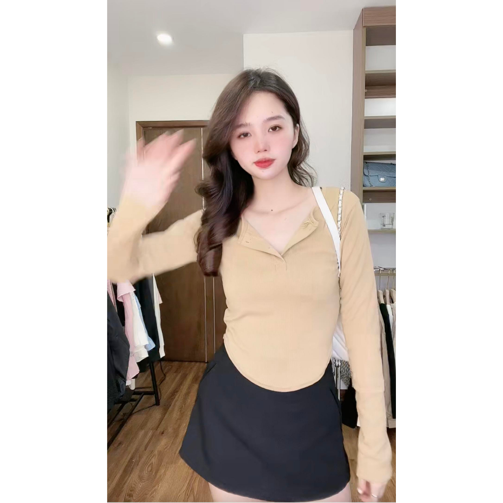 Áo dài tay vạt bầu phối khuy 5 màu nữ - Thun kiểu dáng ôm body bánh bèo tiểu thư hotgirl phong cách sexy cá tính