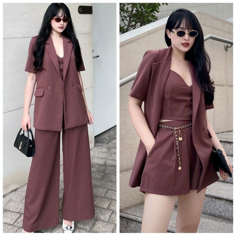 femei - Set kay blazer 4 món - ngắn dài ( Nâu )