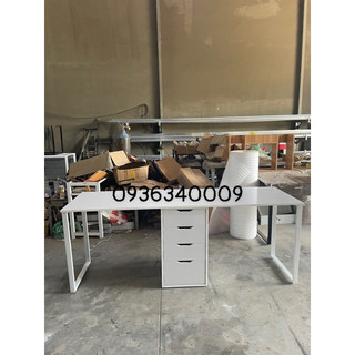 Bàn làm việc,bàn học đôi kiểu dáng ikea full trắng dài 2m khung sắt mặt gỗ mdf chất lượng