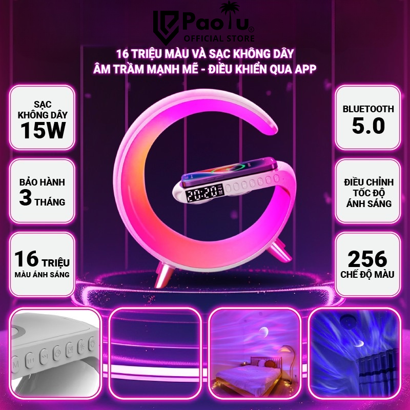 Loa Bluetooth Chữ G Led RGB, Sạc Nhanh Không Dây, Đèn Nháy Theo Nhạc, Thiết Kế Sang Trọng, Siêu Xịn - Paolu