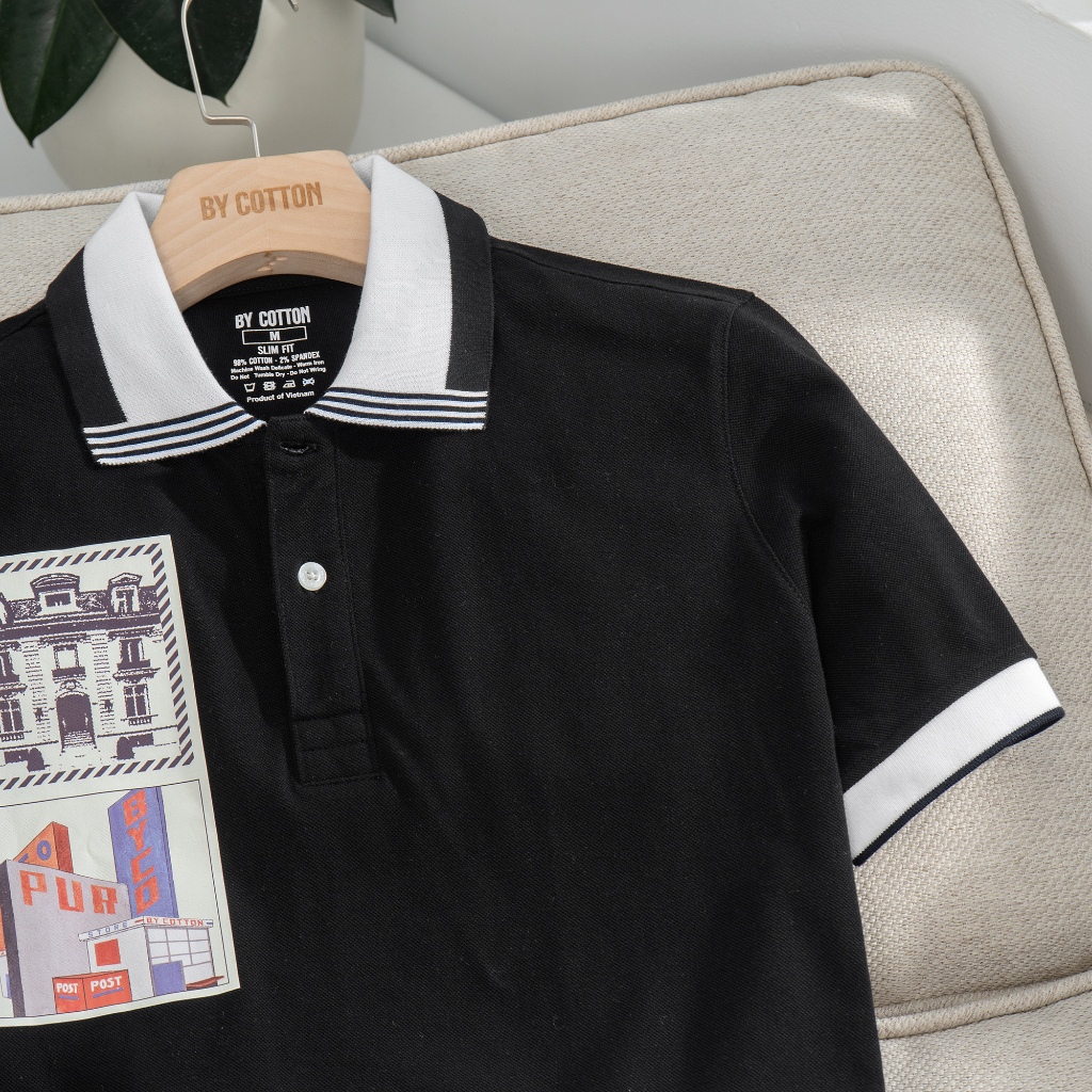 Áo Thun Nam Cao Cấp Polo Đen In Decal Retro BY COTTON