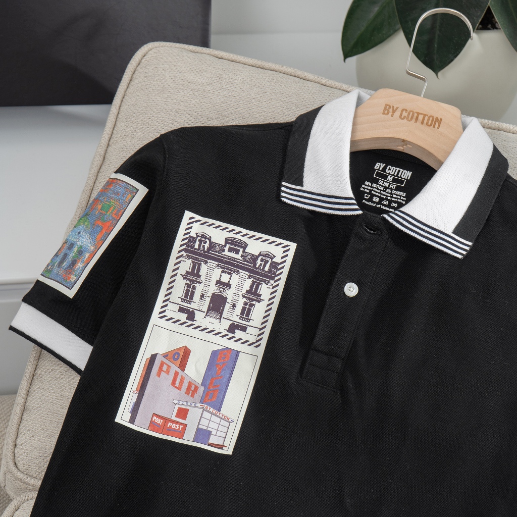 Áo Thun Nam Cao Cấp Polo Đen In Decal Retro BY COTTON