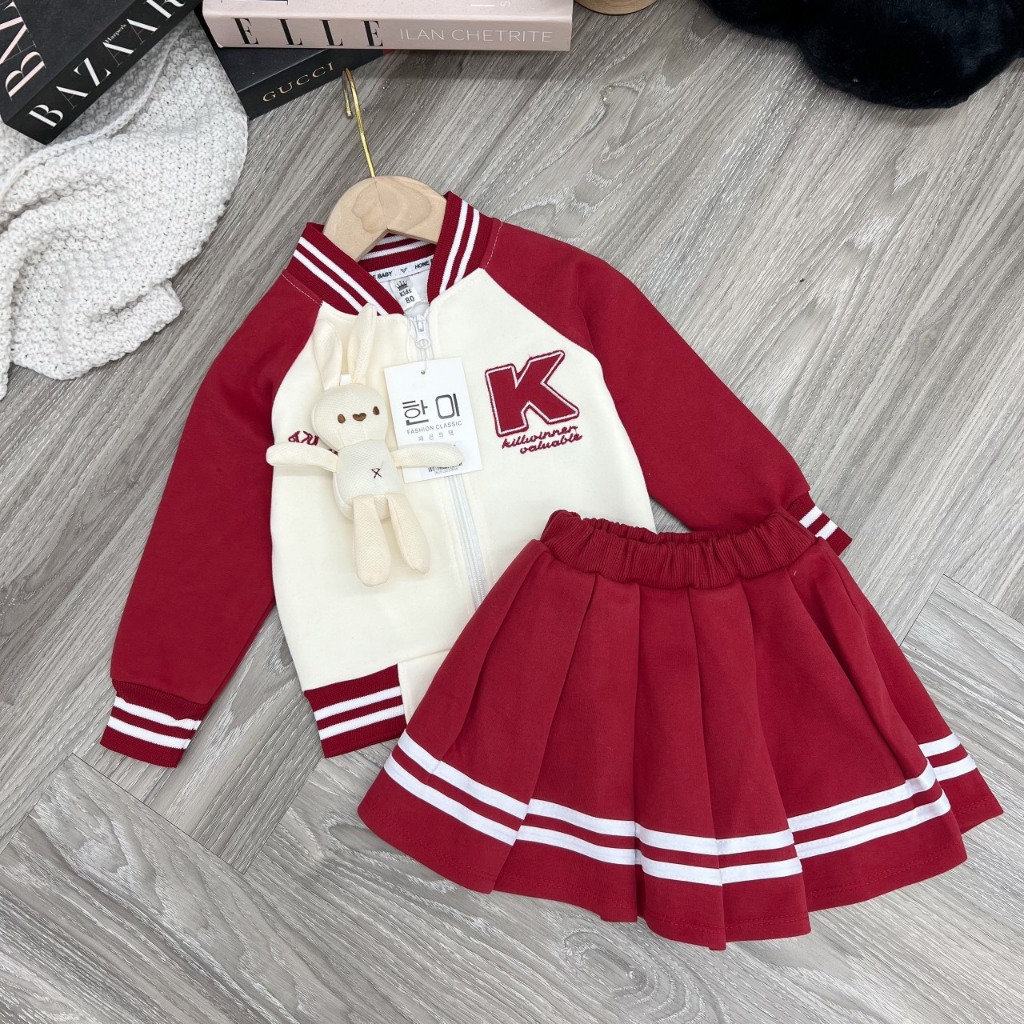 Set Áo Bomber Kèm Gấu Mix Chân Váy Xoè Siêu Xinh Cho Bé Gái