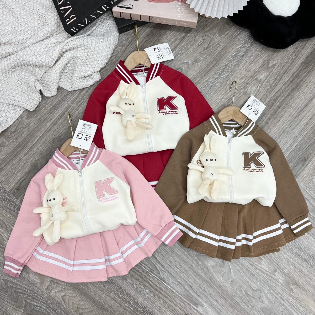 Set Áo Bomber Kèm Gấu Mix Chân Váy Xoè Siêu Xinh Cho Bé Gái