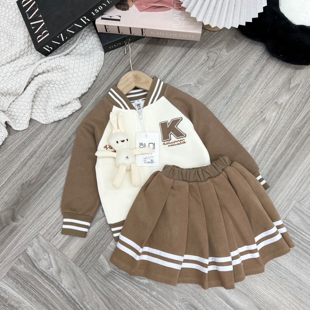 Set Áo Bomber Kèm Gấu Mix Chân Váy Xoè Siêu Xinh Cho Bé Gái