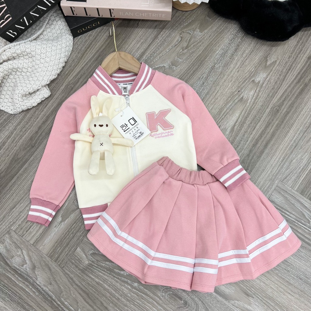Set Áo Bomber Kèm Gấu Mix Chân Váy Xoè Siêu Xinh Cho Bé Gái
