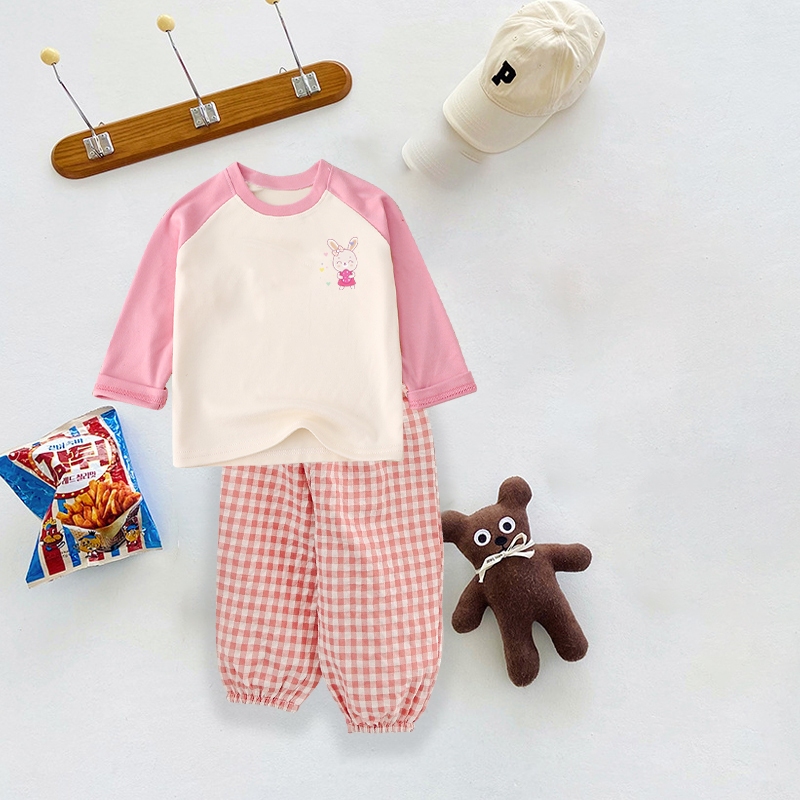 Áo Dài Tay Cho Bé Gái Bé Trai ADT02 Hình IN Nhỏ + Quần Bo Gấu Kẻ BabyBoo Vải Cotton Mềm Mịn- PiBo Store BADT02BK