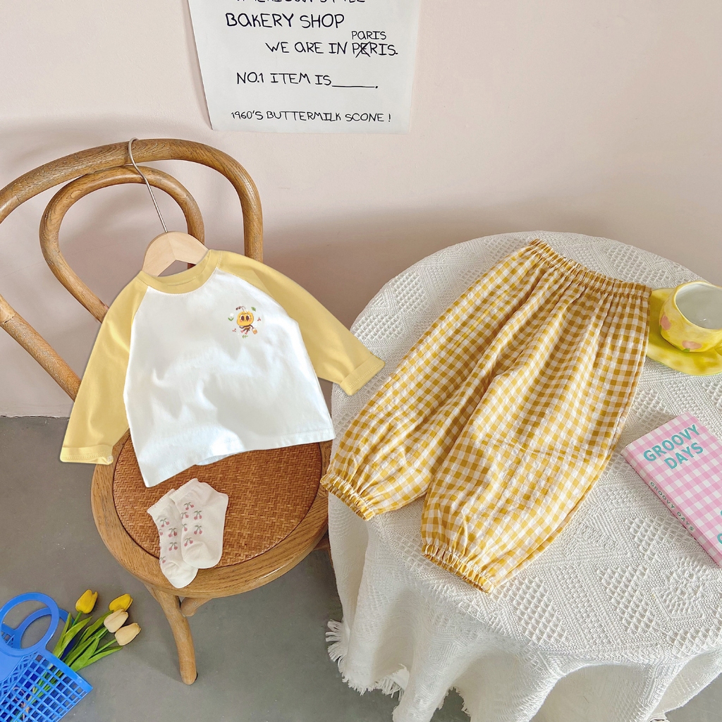 Áo Dài Tay Cho Bé Gái Bé Trai ADT02 Hình IN Nhỏ + Quần Bo Gấu Kẻ BabyBoo Vải Cotton Mềm Mịn- PiBo Store BADT02BK