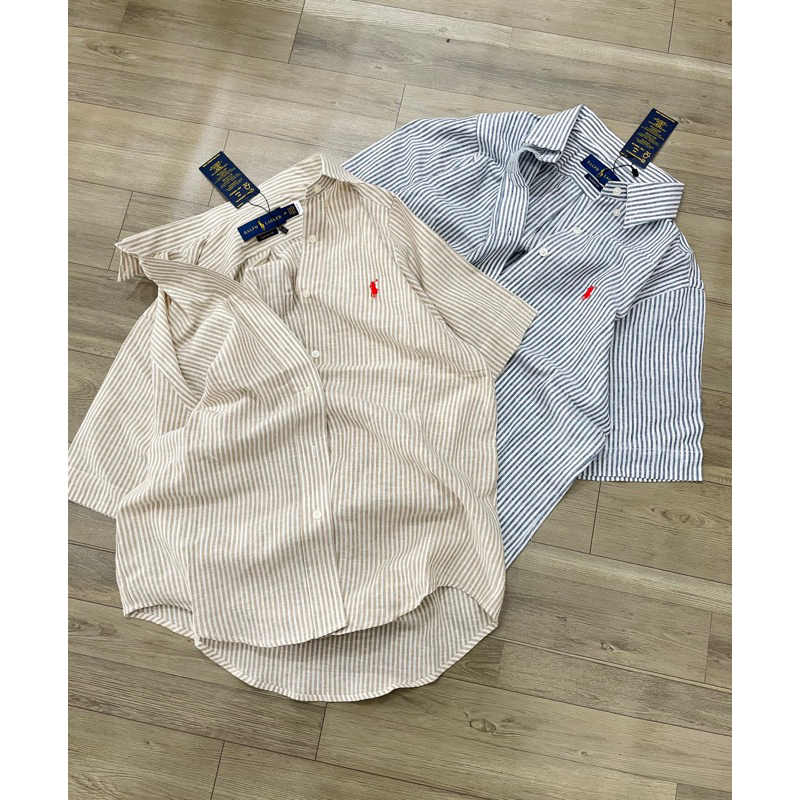 Sơmi thêu polo sọc tay ngắn