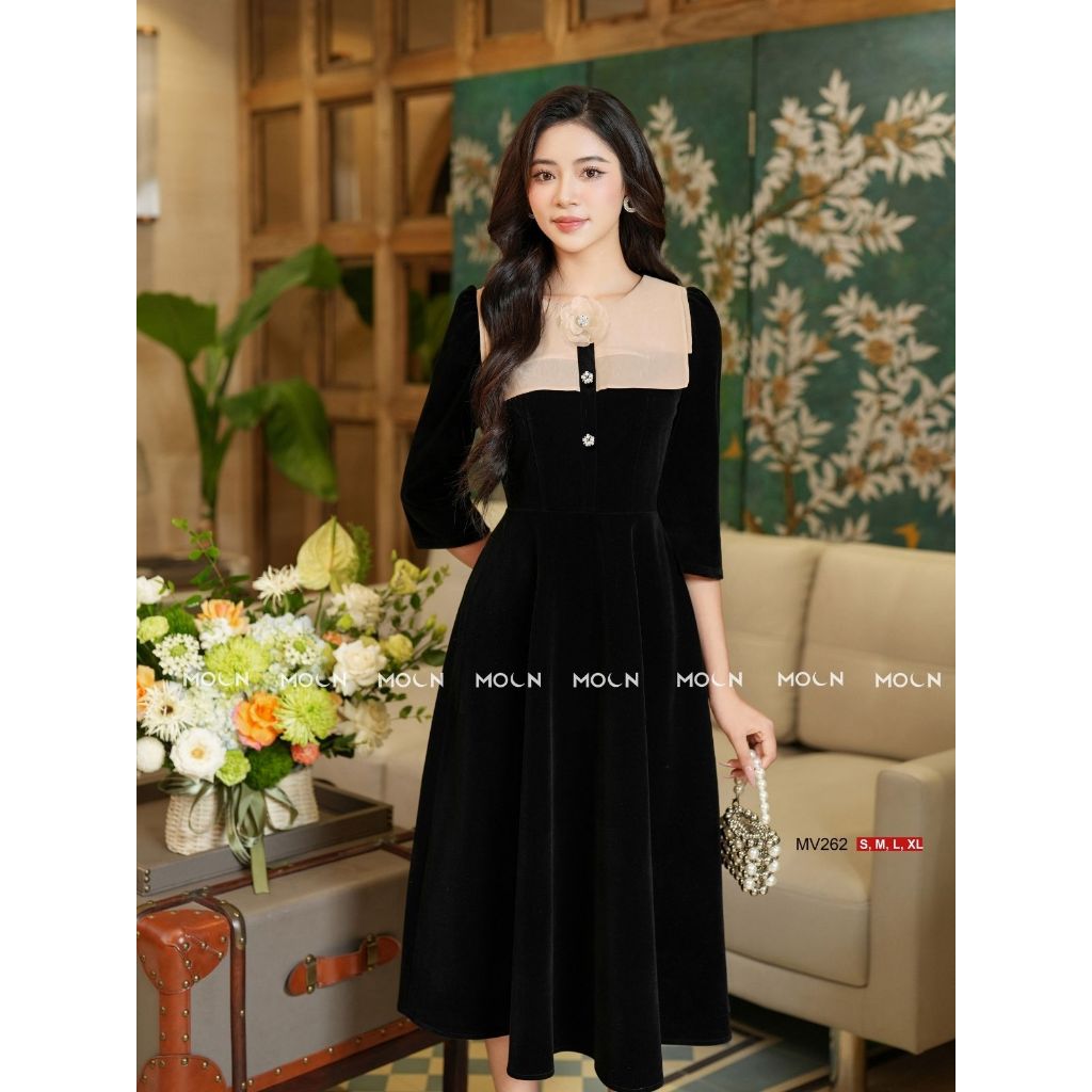 Váy dài nữ liền thân, đầm xòe tiểu thư chất nhung hàn thiết kế phối tơ ánh hoa cài sang chảnh MV262 Moon