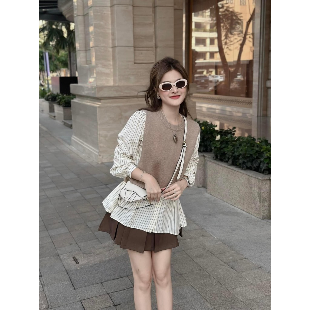 SET 3 MÓN GILE NÂU ĐẬM NHẠT: ÁO SƠ MI SỌC BBD + ÁO GILE NÂU + CHÂN VÁY NÂU ĐẬM  SHEEP