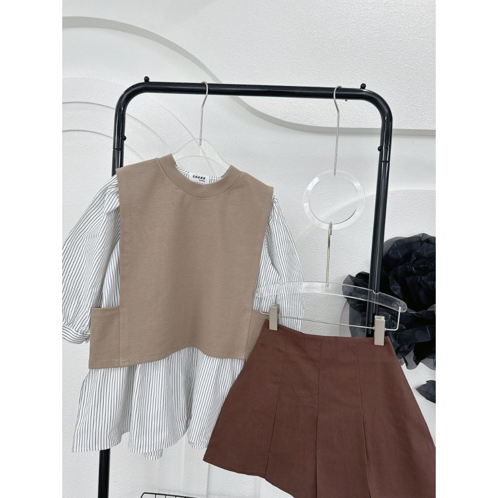 SET 3 MÓN GILE NÂU ĐẬM NHẠT: ÁO SƠ MI SỌC BBD + ÁO GILE NÂU + CHÂN VÁY NÂU ĐẬM  SHEEP