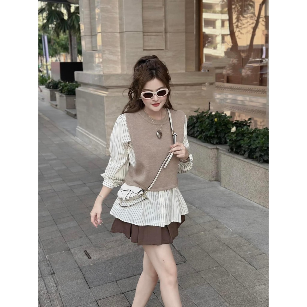 SET 3 MÓN GILE NÂU ĐẬM NHẠT: ÁO SƠ MI SỌC BBD + ÁO GILE NÂU + CHÂN VÁY NÂU ĐẬM  SHEEP