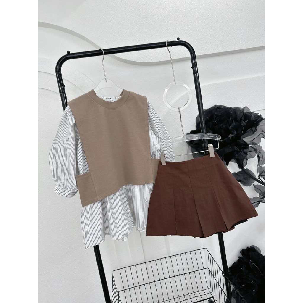 SET 3 MÓN GILE NÂU ĐẬM NHẠT: ÁO SƠ MI SỌC BBD + ÁO GILE NÂU + CHÂN VÁY NÂU ĐẬM  SHEEP