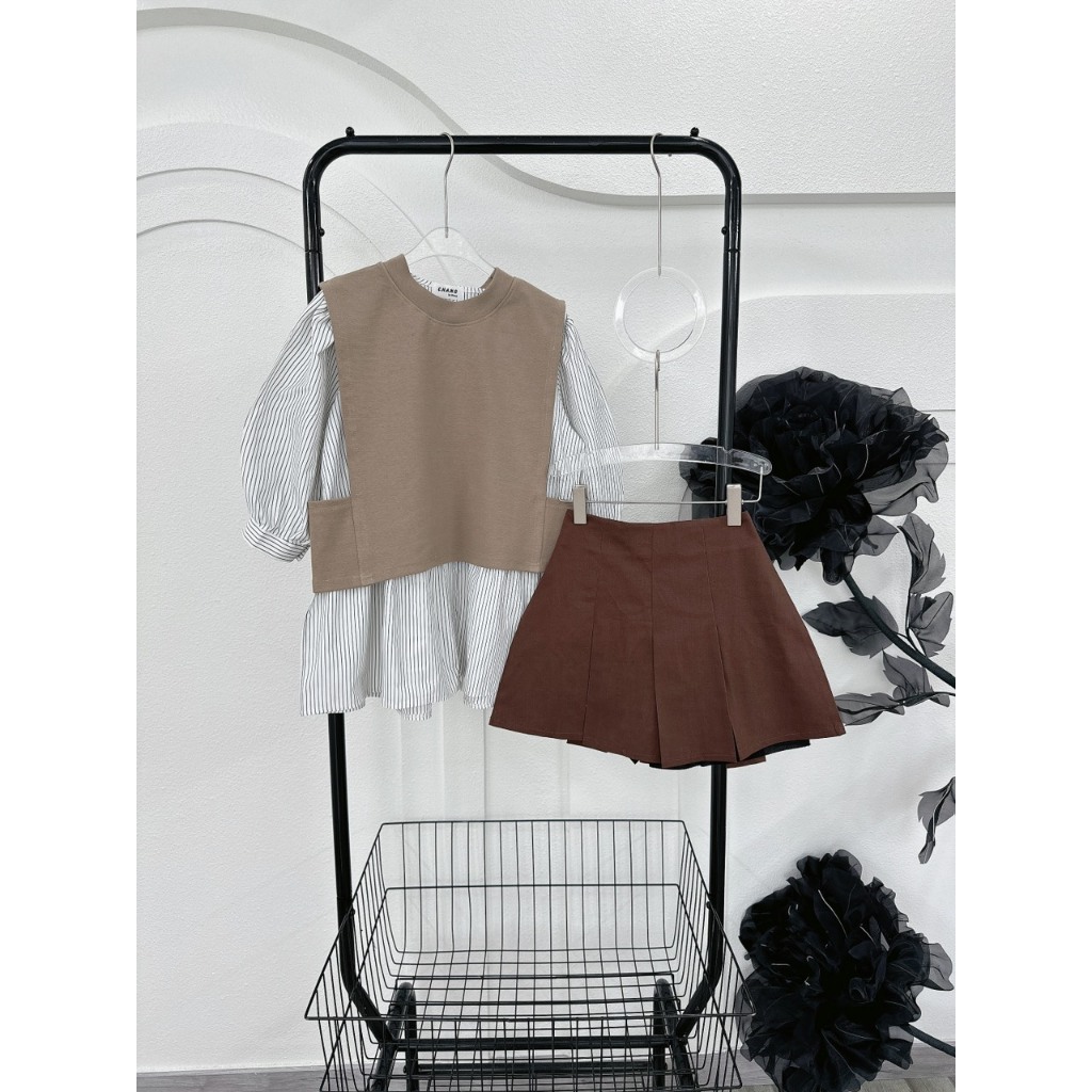 SET 3 MÓN GILE NÂU ĐẬM NHẠT: ÁO SƠ MI SỌC BBD + ÁO GILE NÂU + CHÂN VÁY NÂU ĐẬM  SHEEP