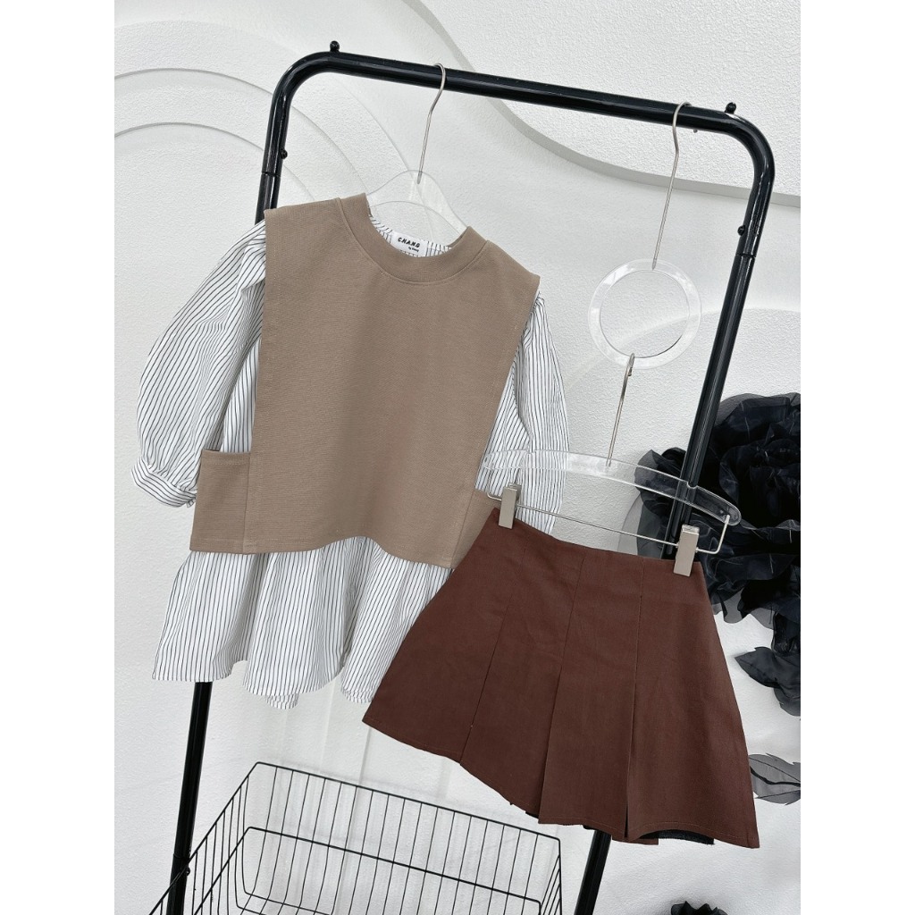 SET 3 MÓN GILE NÂU ĐẬM NHẠT: ÁO SƠ MI SỌC BBD + ÁO GILE NÂU + CHÂN VÁY NÂU ĐẬM  SHEEP