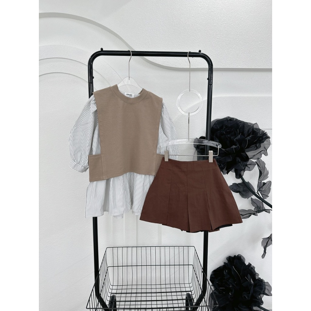 SET 3 MÓN GILE NÂU ĐẬM NHẠT: ÁO SƠ MI SỌC BBD + ÁO GILE NÂU + CHÂN VÁY NÂU ĐẬM  SHEEP