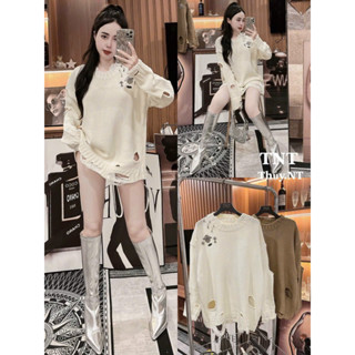 HV - Áo len sweater , nữ cổ tròn rách hình chữ thập sweater len nữ unisex rách form rộng thời trang Hàn Quốc