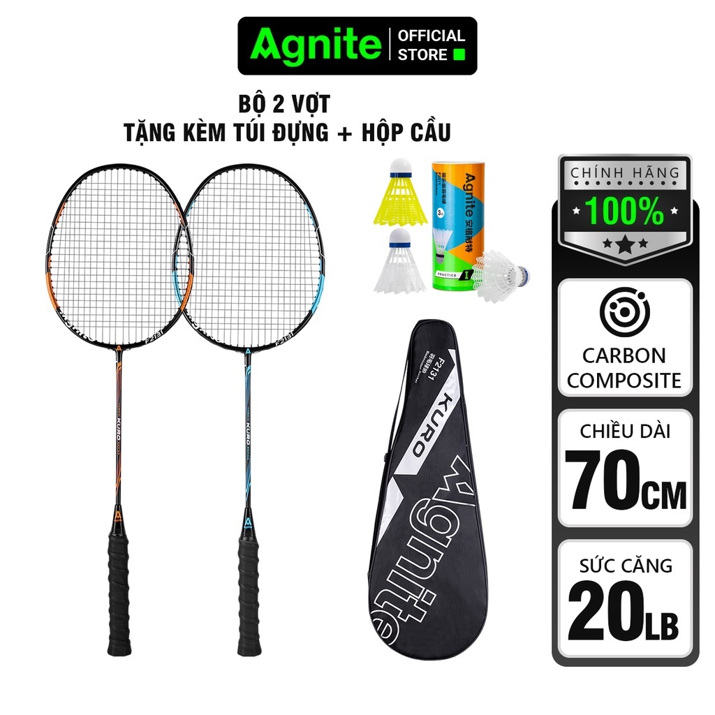 Bộ 2 chiếc vợt cầu lông Agnite chính hãng tặng kèm hộp cầu, bao đựng, siêu nhẹ, khung carbon cao cấp