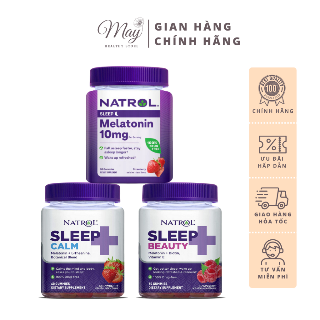 Kẹo Dẻo Cải Thiện Giấc Ngủ Natrol Ngủ Ngon, Giảm Căng Thẳng, Đẹp Da, Dài Tóc Móng (Lọ 60-90 Viên)