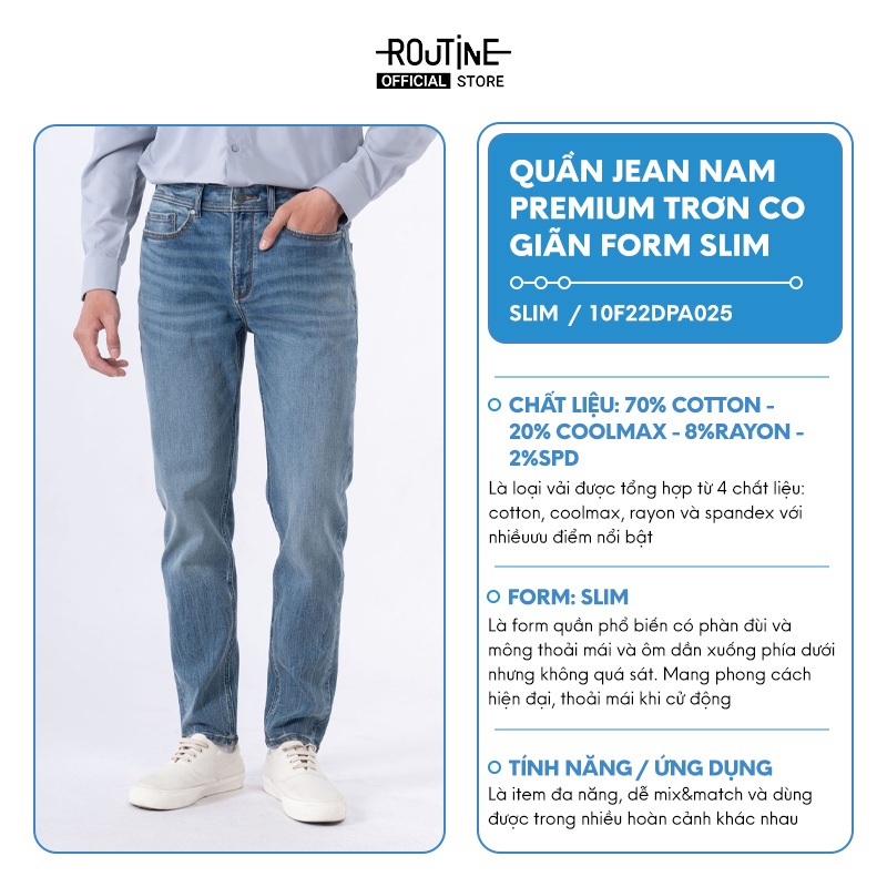 Quần Jean Nam Premium Trơn Co Giãn Form Slim - Routine 10F22DPA025