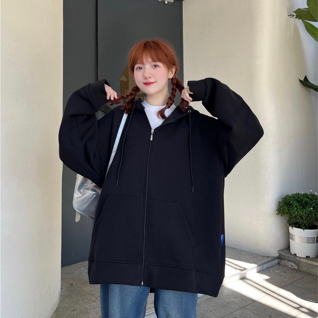Áo Khoác Nỉ Hoodie Zip Trơn Form Rộng Nam Nữ Unisex