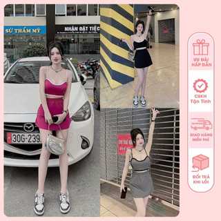 Set Áo Croptop Hai Dây Cổ Vuông Viền Và Chân Váy Bút Chì Ngắn Ôm Body Sexy, Freesize 40-55kg