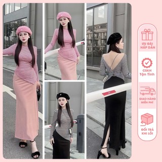 Set Đầm Body Hở Lưng Đuôi Cá, chất thun gân co giãn thoải mái,Feesize 40-55kg