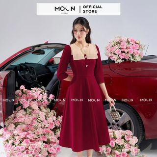 Váy dài công sở nữ 𝐌𝐎𝐎𝐍 liền thân, đầm xòe thiết kế thắt eo phối tơ gương sang chảnh chất nhung hàn cao cấp MV262