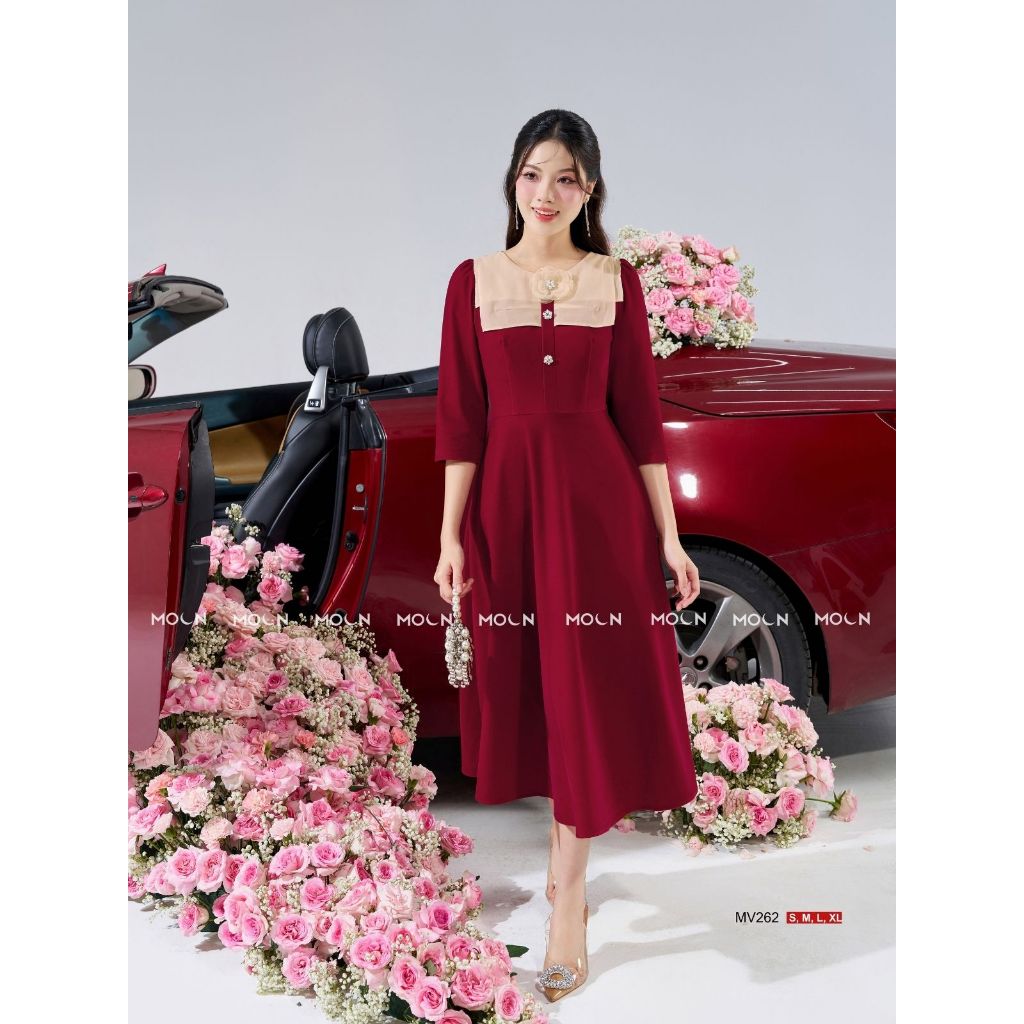 Váy dài công sở nữ 𝐌𝐎𝐎𝐍 liền thân, đầm xòe thiết kế thắt eo phối tơ gương sang chảnh chất nhung hàn cao cấp MV262