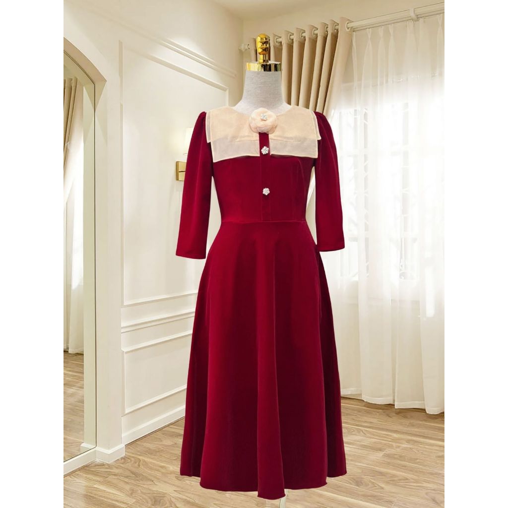 Váy dài công sở nữ 𝐌𝐎𝐎𝐍 liền thân, đầm xòe thiết kế thắt eo phối tơ gương sang chảnh chất nhung hàn cao cấp MV262