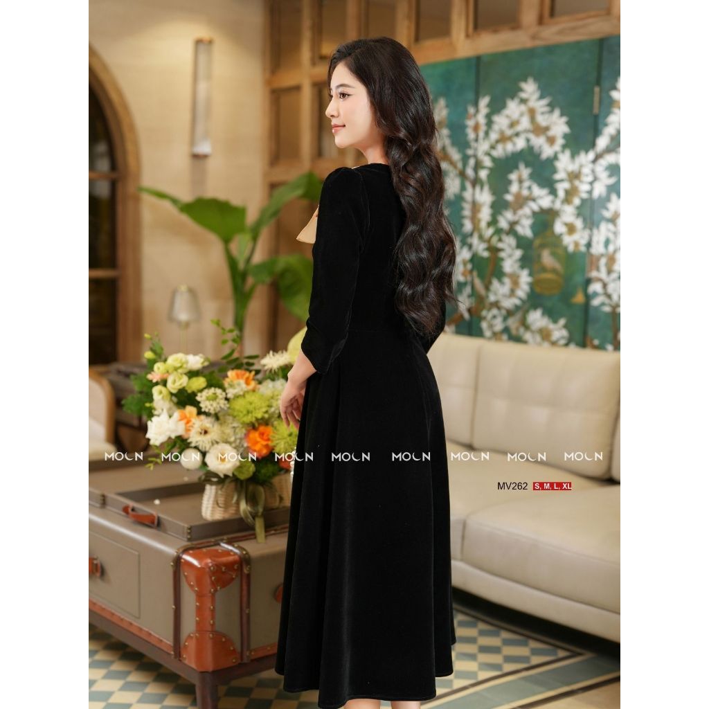 Váy dài công sở nữ 𝐌𝐎𝐎𝐍 liền thân, đầm xòe thiết kế thắt eo phối tơ gương sang chảnh chất nhung hàn cao cấp MV262