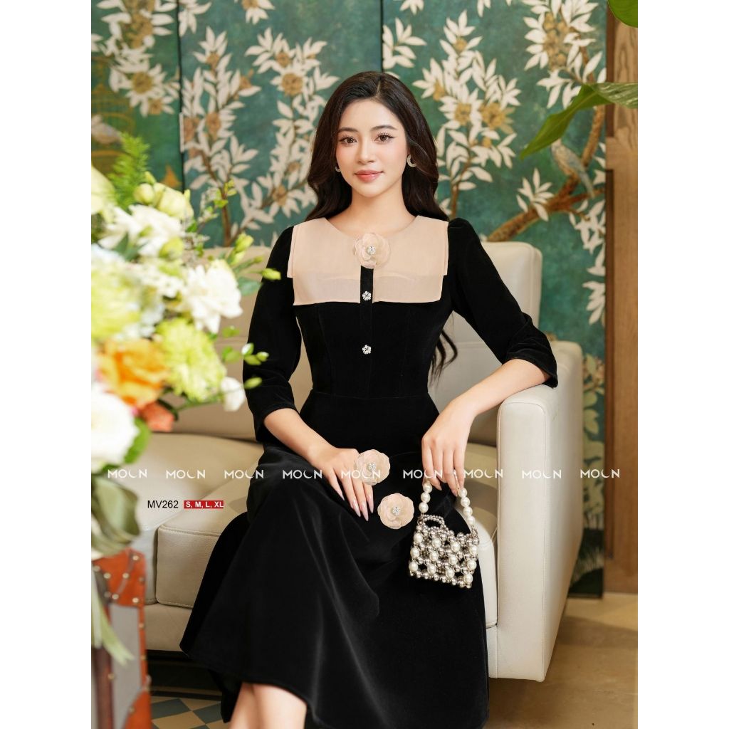 Váy dài công sở nữ 𝐌𝐎𝐎𝐍 liền thân, đầm xòe thiết kế thắt eo phối tơ gương sang chảnh chất nhung hàn cao cấp MV262