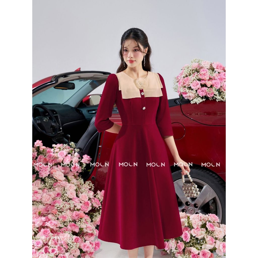 Váy dài công sở nữ 𝐌𝐎𝐎𝐍 liền thân, đầm xòe thiết kế thắt eo phối tơ gương sang chảnh chất nhung hàn cao cấp MV262