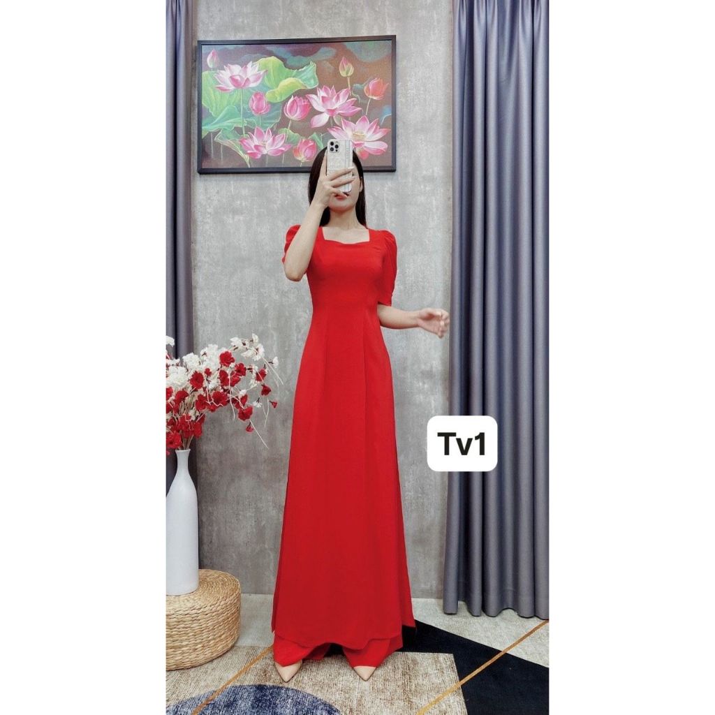 BỘ ÁO DÀI TRƠN CỔ VUÔNG TAY BỒNG  , ÁO DÀI NHÀ TẤM