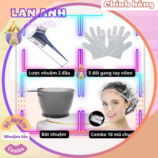 Combo Bộ Dụng Cụ Nhuộm Tóc Bát nhuộm Lược nhuộm tóc hai đầu Găng tay nilon Mũ chụp đầu nilon